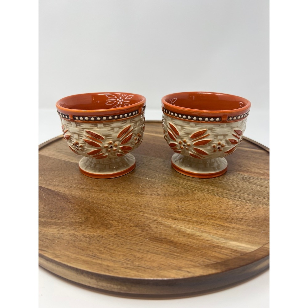 Set of 2 Ceramic Egg Cups Orange White Floral Embossed‎ Basket Weave Design